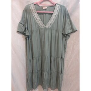 Hailey & Co Sage Green Tiered Ruffle Sleeve Embroidered V Neck Dress Size L